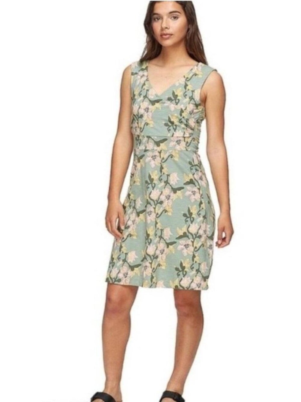 Patagonia Sage Green Floral V-Neck Sleeveless Dress with Pink Blossoms